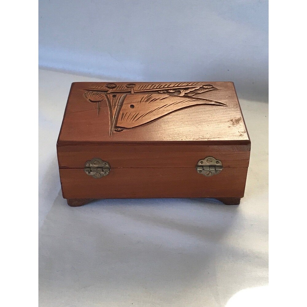 Wooden Jewelry Box with Carved Sailboat boat beach ocean trinket collectible - Picture 4 of 9